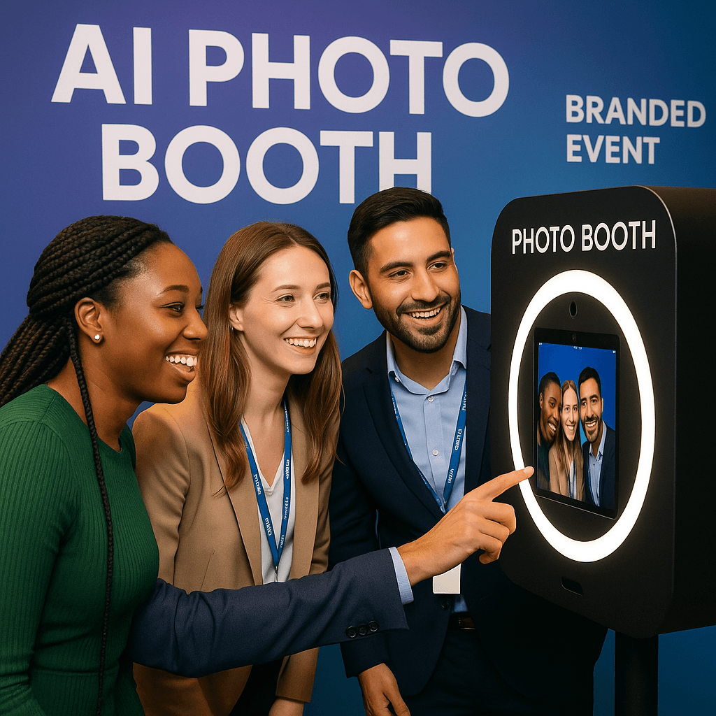 Guests interacting with AI Photo Booth at an Interactive Dallas event